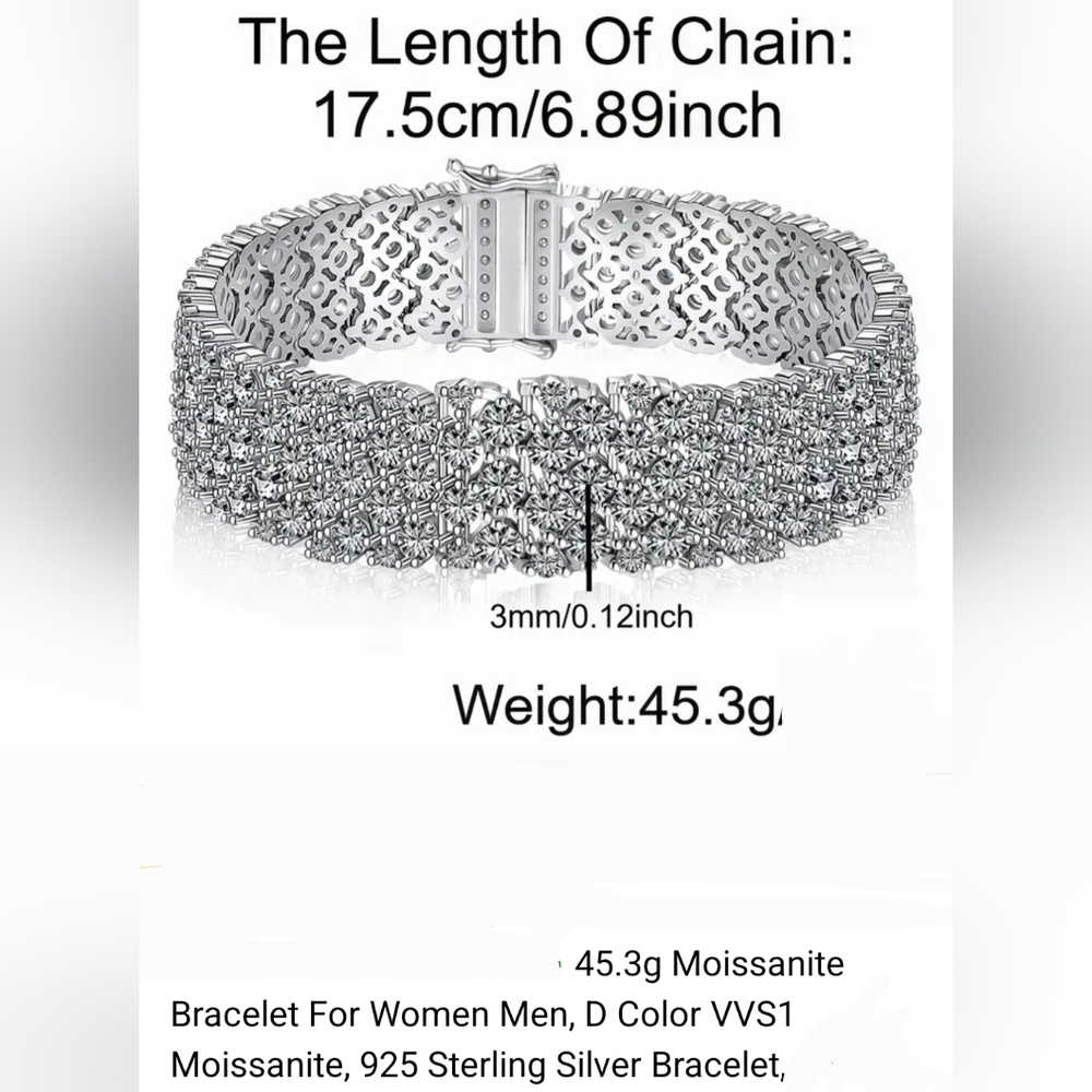 Dazzling 925 Sterling Silver Moissanite Wide Bracelet 6.79" New - Picture 6 of 13